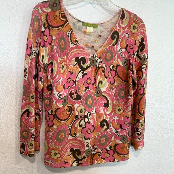 Sigrid Olsen Floral Knit Stretch Top MultiColor Beaded String V-Neck EUC Sz Med - Picture 5 of 7
